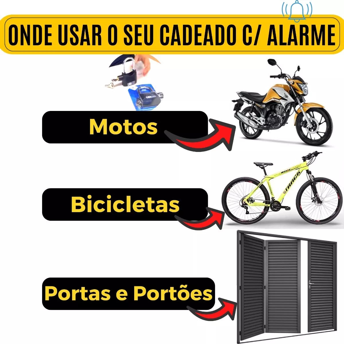 Cadeado Antifurto Lua Tek com Alarme Sonoro, 3 Chaves e Resistência à Chuva – Segurança Reforçada