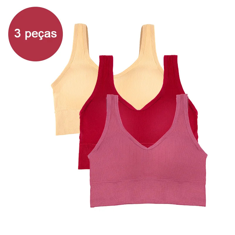 Kit com 3 Tops Femininos Esportivos Sem Costura — Conforto, Sustentação e Estilo para Seus Treinos!