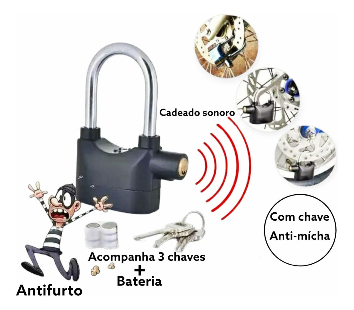 Cadeado Antifurto Lua Tek com Alarme Sonoro, 3 Chaves e Resistência à Chuva – Segurança Reforçada