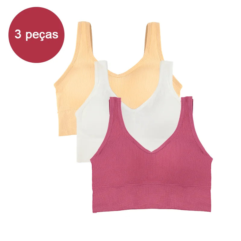 Kit com 3 Tops Femininos Esportivos Sem Costura — Conforto, Sustentação e Estilo para Seus Treinos!
