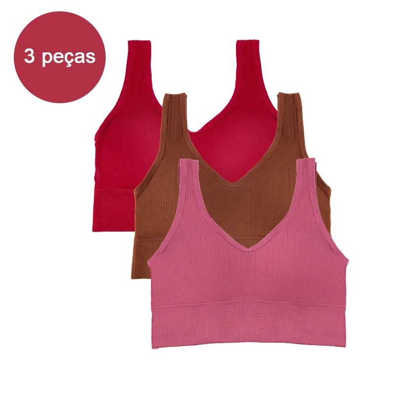 Kit com 3 Tops Femininos Esportivos Sem Costura — Conforto, Sustentação e Estilo para Seus Treinos!