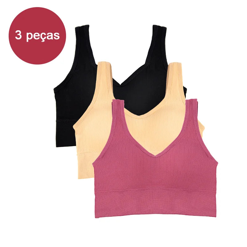 Kit com 3 Tops Femininos Esportivos Sem Costura — Conforto, Sustentação e Estilo para Seus Treinos!