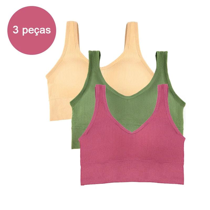 Kit com 3 Tops Femininos Esportivos Sem Costura — Conforto, Sustentação e Estilo para Seus Treinos!