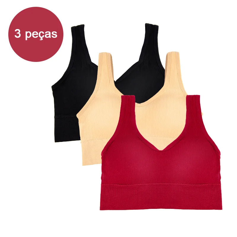 Kit com 3 Tops Femininos Esportivos Sem Costura — Conforto, Sustentação e Estilo para Seus Treinos!