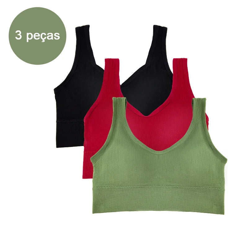 Kit com 3 Tops Femininos Esportivos Sem Costura — Conforto, Sustentação e Estilo para Seus Treinos!