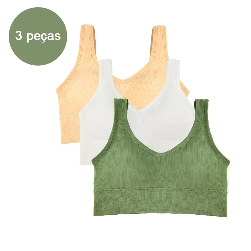 Kit com 3 Tops Femininos Esportivos Sem Costura — Conforto, Sustentação e Estilo para Seus Treinos!