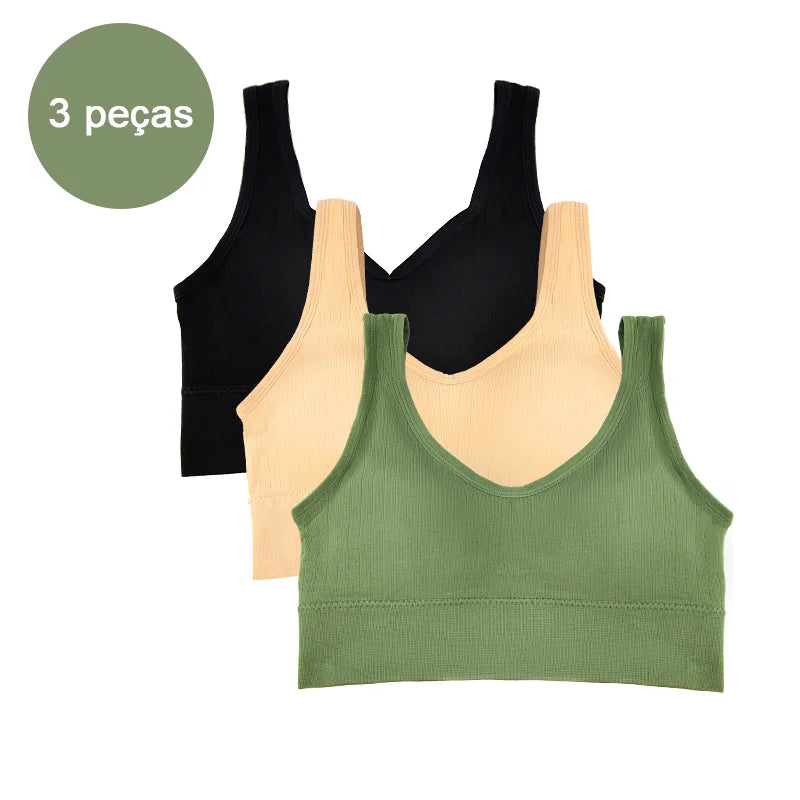 Kit com 3 Tops Femininos Esportivos Sem Costura — Conforto, Sustentação e Estilo para Seus Treinos!