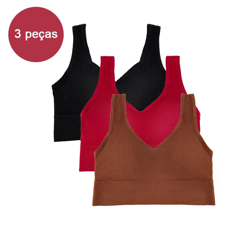 Kit com 3 Tops Femininos Esportivos Sem Costura — Conforto, Sustentação e Estilo para Seus Treinos!