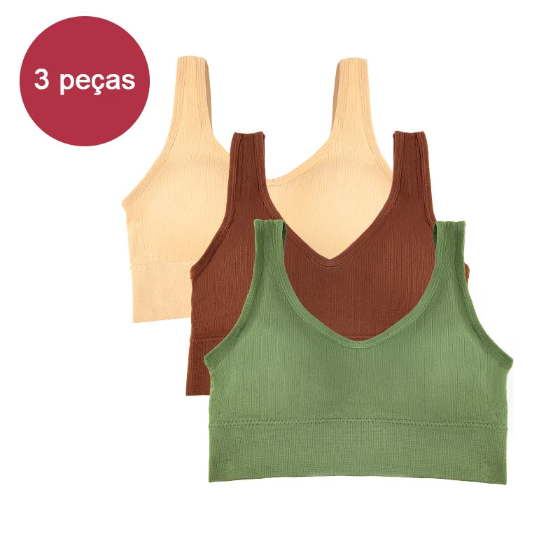 Kit com 3 Tops Femininos Esportivos Sem Costura — Conforto, Sustentação e Estilo para Seus Treinos!