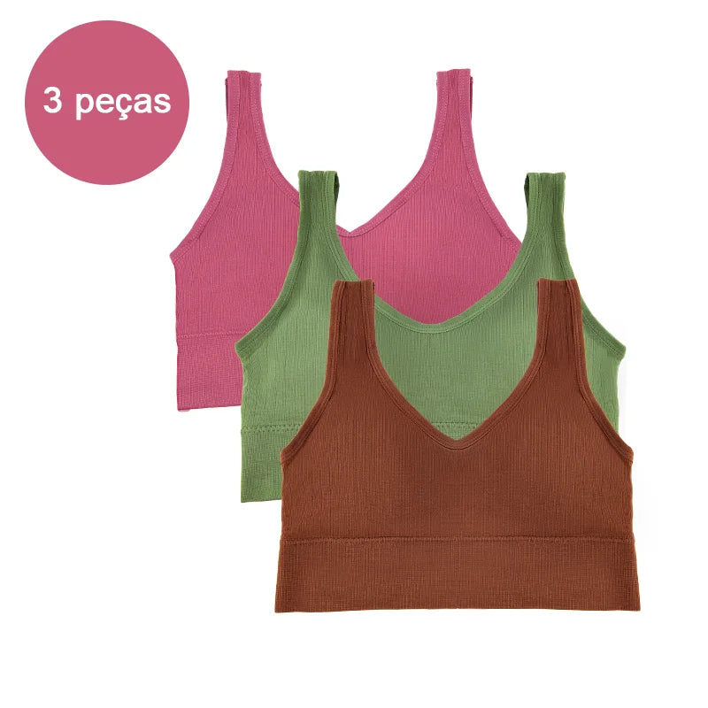 Kit com 3 Tops Femininos Esportivos Sem Costura — Conforto, Sustentação e Estilo para Seus Treinos!