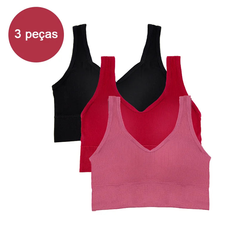 Kit com 3 Tops Femininos Esportivos Sem Costura — Conforto, Sustentação e Estilo para Seus Treinos!