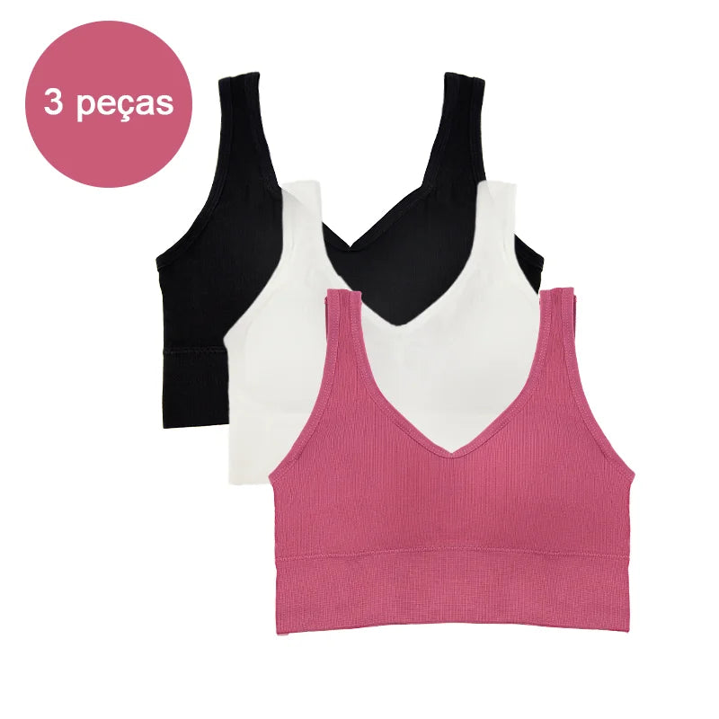Kit com 3 Tops Femininos Esportivos Sem Costura — Conforto, Sustentação e Estilo para Seus Treinos!