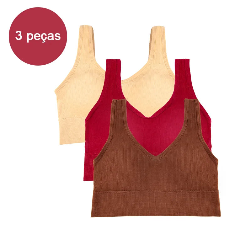 Kit com 3 Tops Femininos Esportivos Sem Costura — Conforto, Sustentação e Estilo para Seus Treinos!