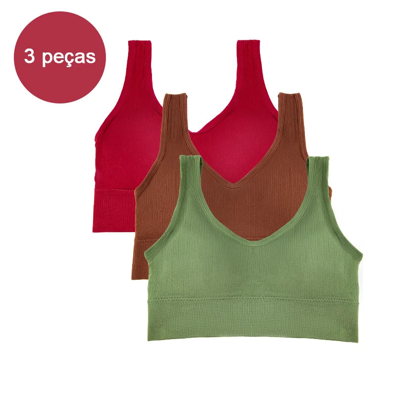 Kit com 3 Tops Femininos Esportivos Sem Costura — Conforto, Sustentação e Estilo para Seus Treinos!